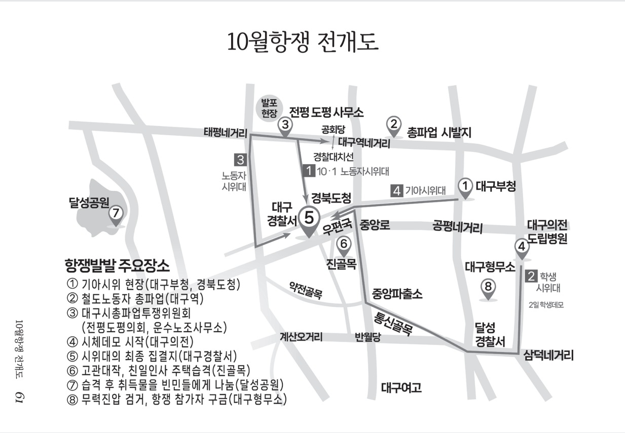 대구부청, 대구역, 대구경찰서 등 10월항쟁 주요 장소와 시위대 이동 경로를 표시한 지도